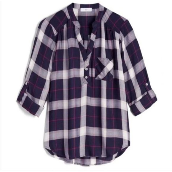 NSR Blue Pink Plaid 3/4 Sleeve Partial Button Down Popover Casual Top Size S - Picture 7 of 7